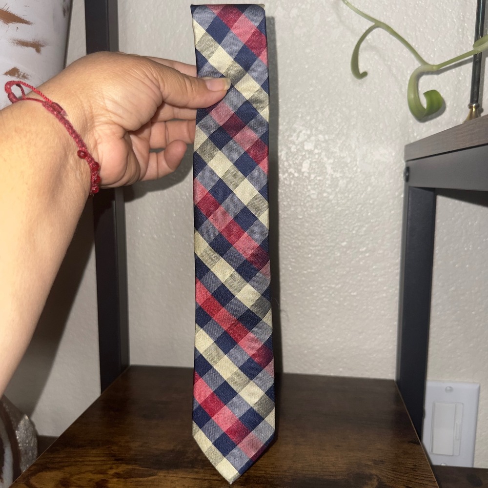 Lauren Ralph Lauren Mens Silk Tie Navy Blue Red Tan Plaid Check Necktie